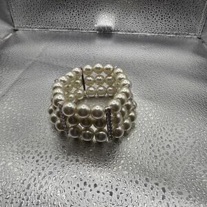 Faux Three Strand Stretch Ivory Pearl Cuff Bracelet with rhinestone spacer bar